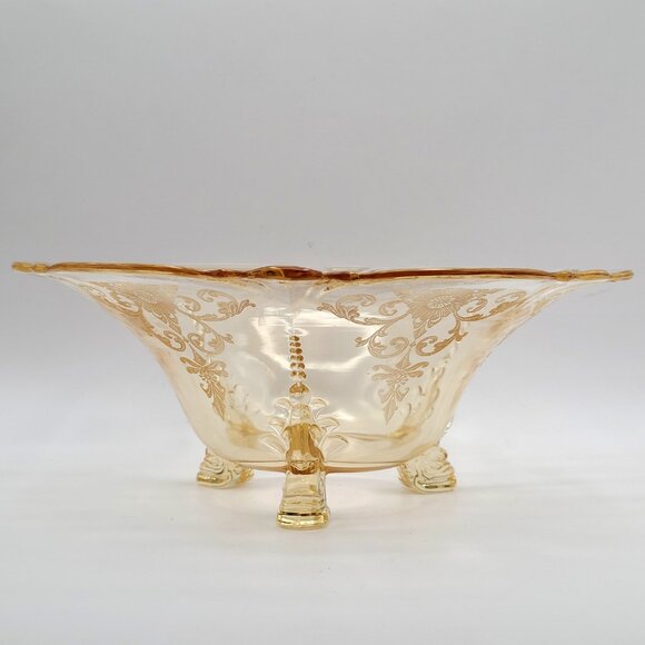 Vintage Heisey Etched Glass Sahara Yellow Empress Dolphin Three Footed Bowl 11" - Picture 5 of 11